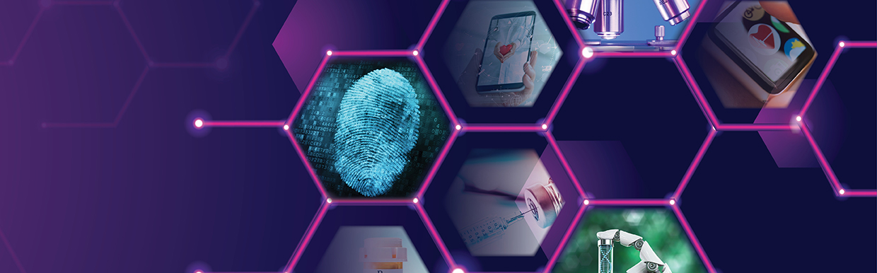 Digital health hexagon icon grid featuring a fingerprint scan, telehealth mobile app, robotic lab equipment, medical vials, and a health-tracking smartwatch, representing virtual and digital health innovation.