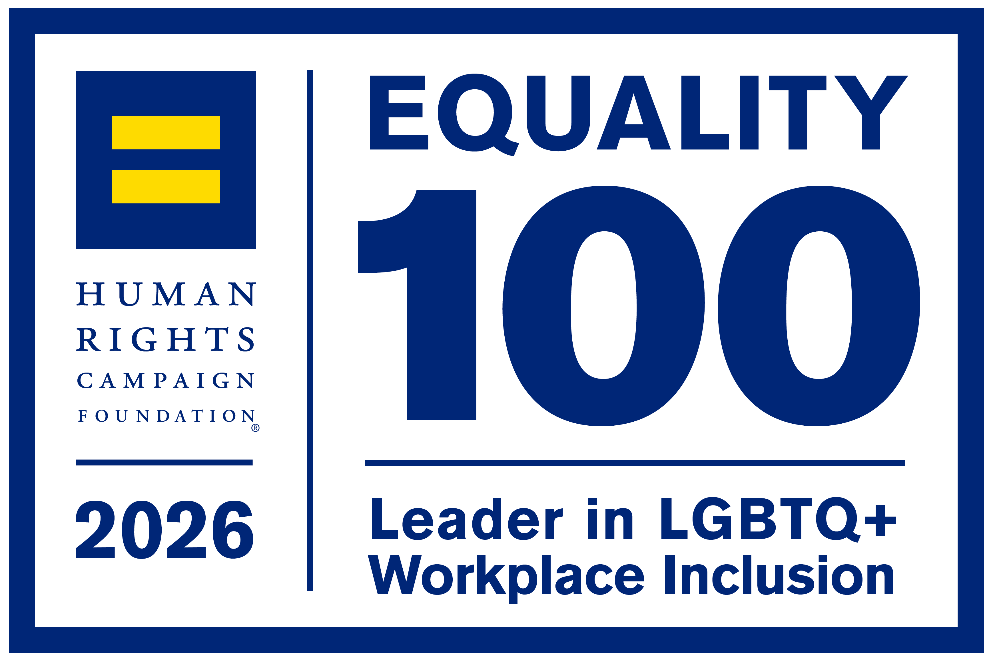 Human Rights Campaign Foundation 2026: Equality 100 Leader in LGBTQ+ Workplace Inclusion logo